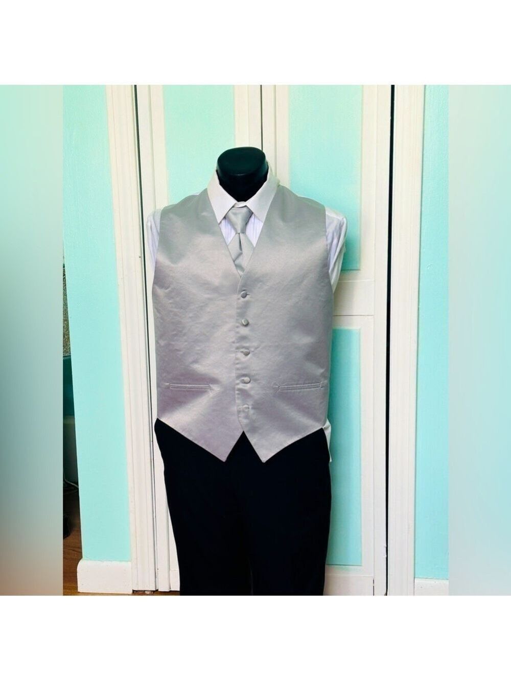 Platinum Silver Gray Satin Closed Back Vest and tie Wedding Prom Men’s Medium M